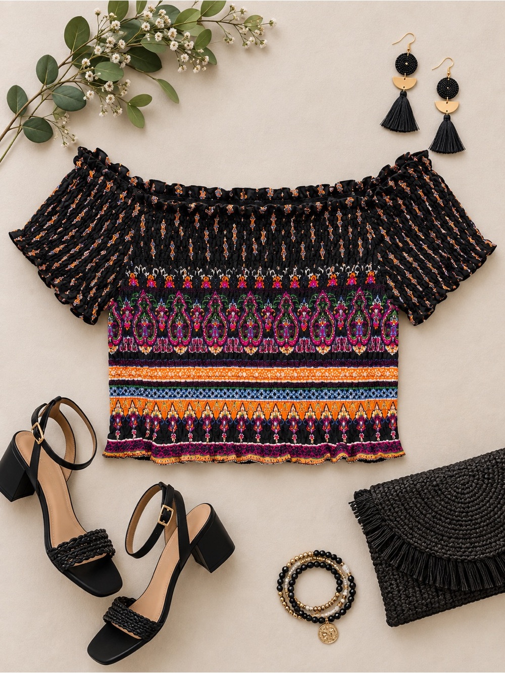New York & Company Black Multicolor Smocked Off-Shoulder Top Size Medium